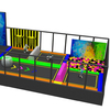 modern trampoline park design with geometric wall pattern and safety padding