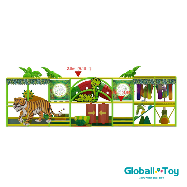 two level jungle indoor playground with tiger snake and palm tree decorations