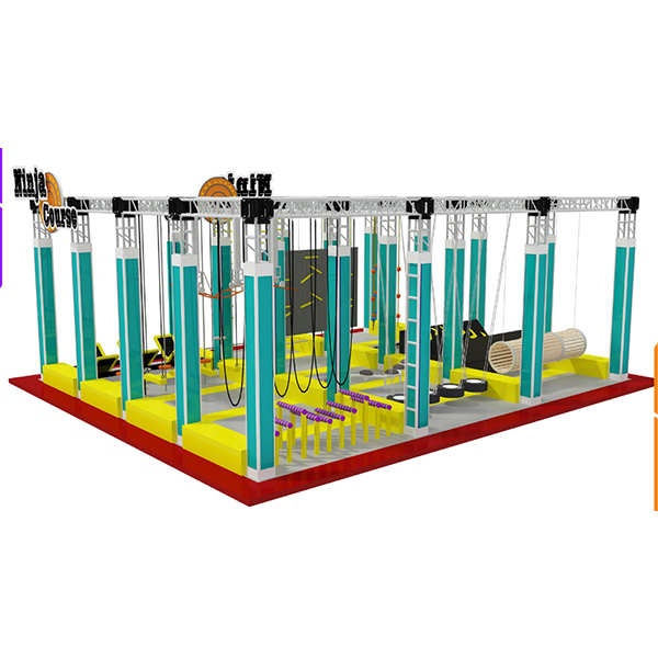 modular ninja warrior obstacle park layout with foam pit and rope tunnels