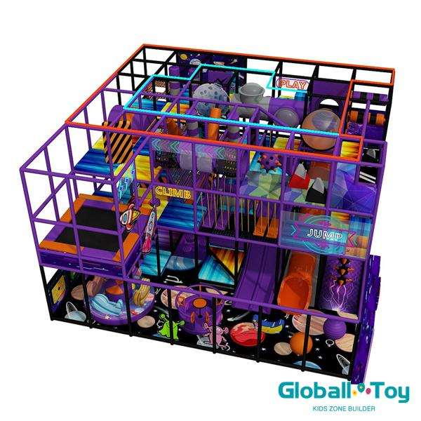 space theme indoor playground with trampoline and rocket tunnel slide