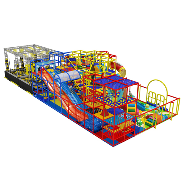 commercial soft play structure with rainbow slides and obstacle areas